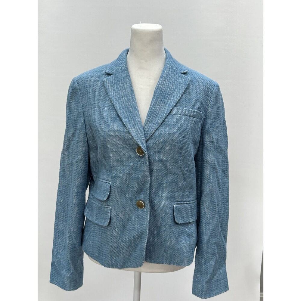 Talbots Womens Size 10 Petite Blue Tweed Linen Blend Button Blazer Jacket NWT